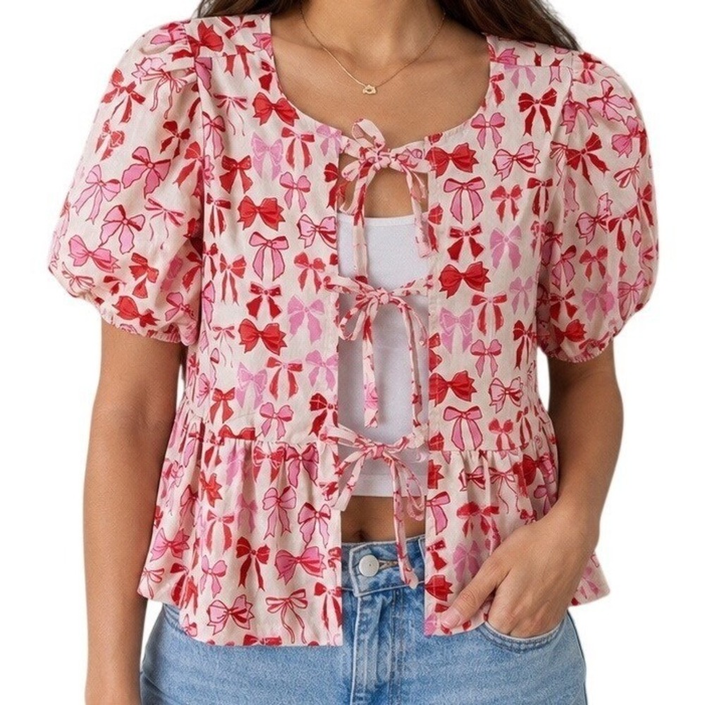 Peach Tie Front Bow Print Peplum Blouse Womens M Pink Red Puff Sleeve Coquette